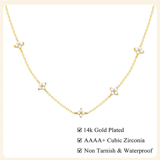Dainty Lucky Leaf Necklace for Women 925 Sterling Silver Trendy 14K Gold Plating Cute White CZ Flowers Pendant Choker Necklaces