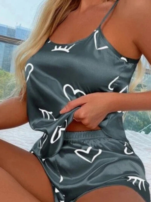 New Women's Pajama Set Short Sleeveless Loungewear Heart Printing Comfort Home Wear Sleepwear Cotton Casual Sexy Sleepwear