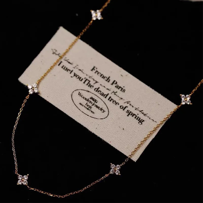 Dainty Lucky Leaf Necklace for Women 925 Sterling Silver Trendy 14K Gold Plating Cute White CZ Flowers Pendant Choker Necklaces