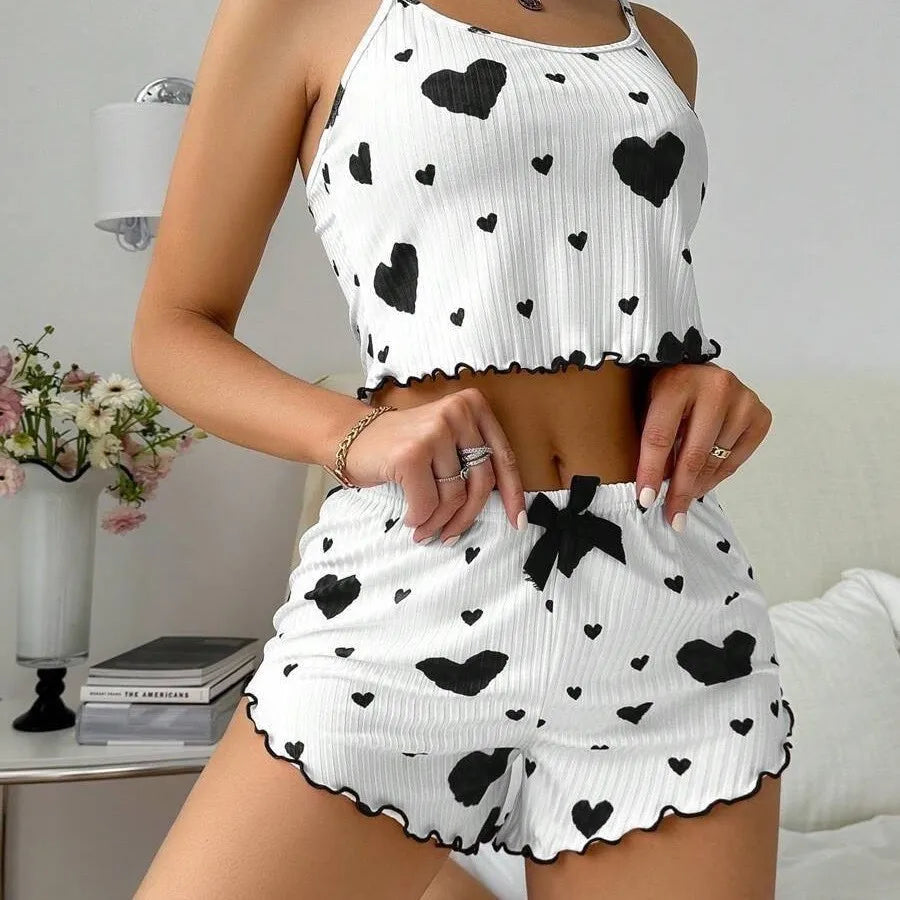 European and American Style Breathable Comfortable Women's Home Wear Printed Suspender Shorts 2-piece Set