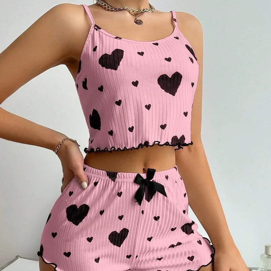 European and American Style Breathable Comfortable Women's Home Wear Printed Suspender Shorts 2-piece Set