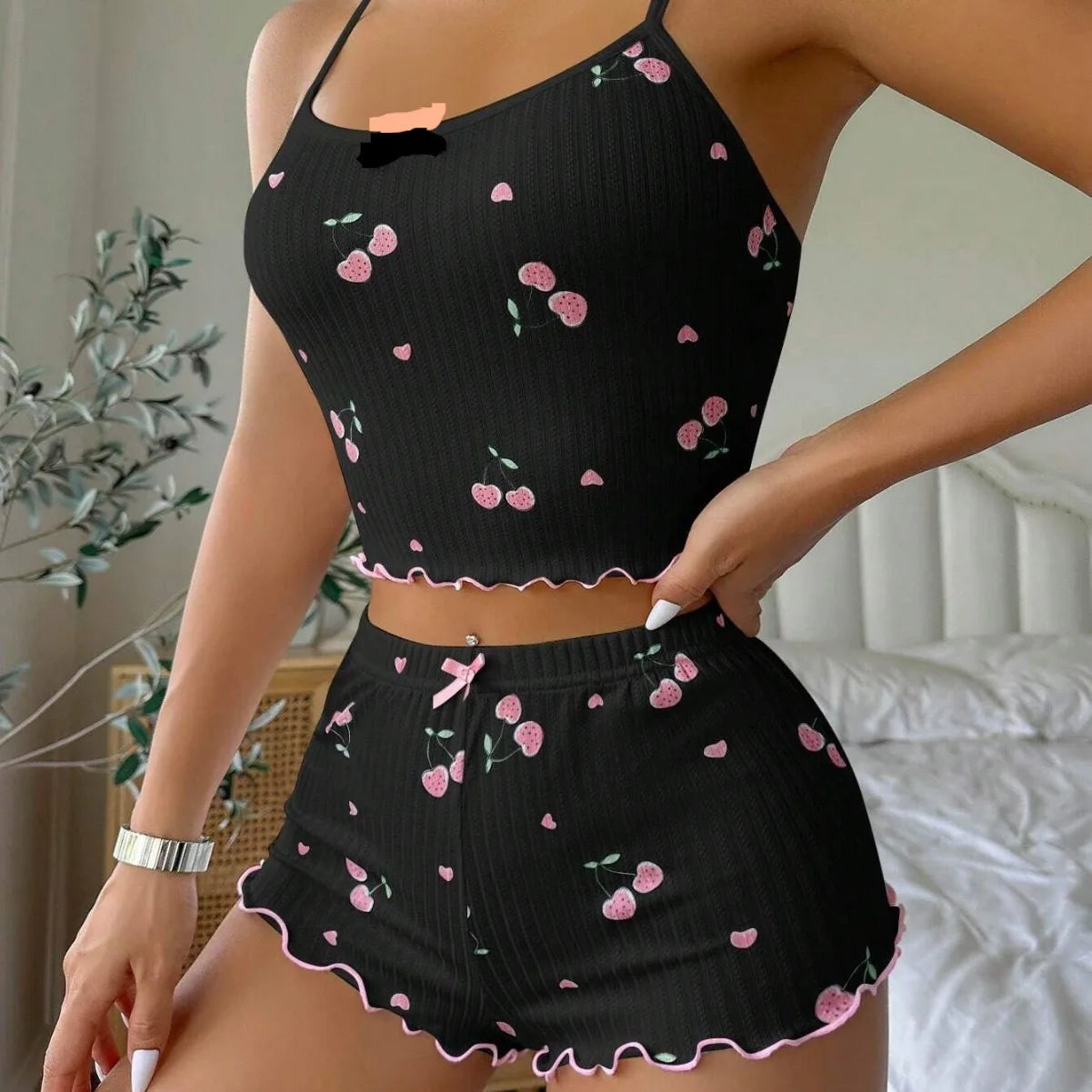 European and American Style Breathable Comfortable Women's Home Wear Printed Suspender Shorts 2-piece Set
