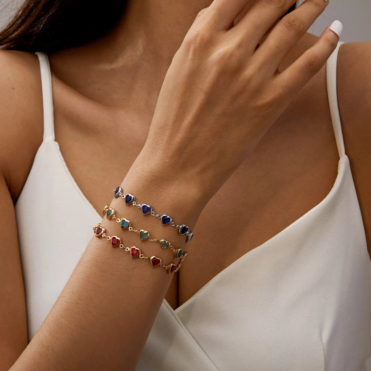 Elegant Red Crystal Zircon Metal Chain Bracelets for Women Colorful Heart Bracelets Party Wedding Girl Wrist Jewelry Gift