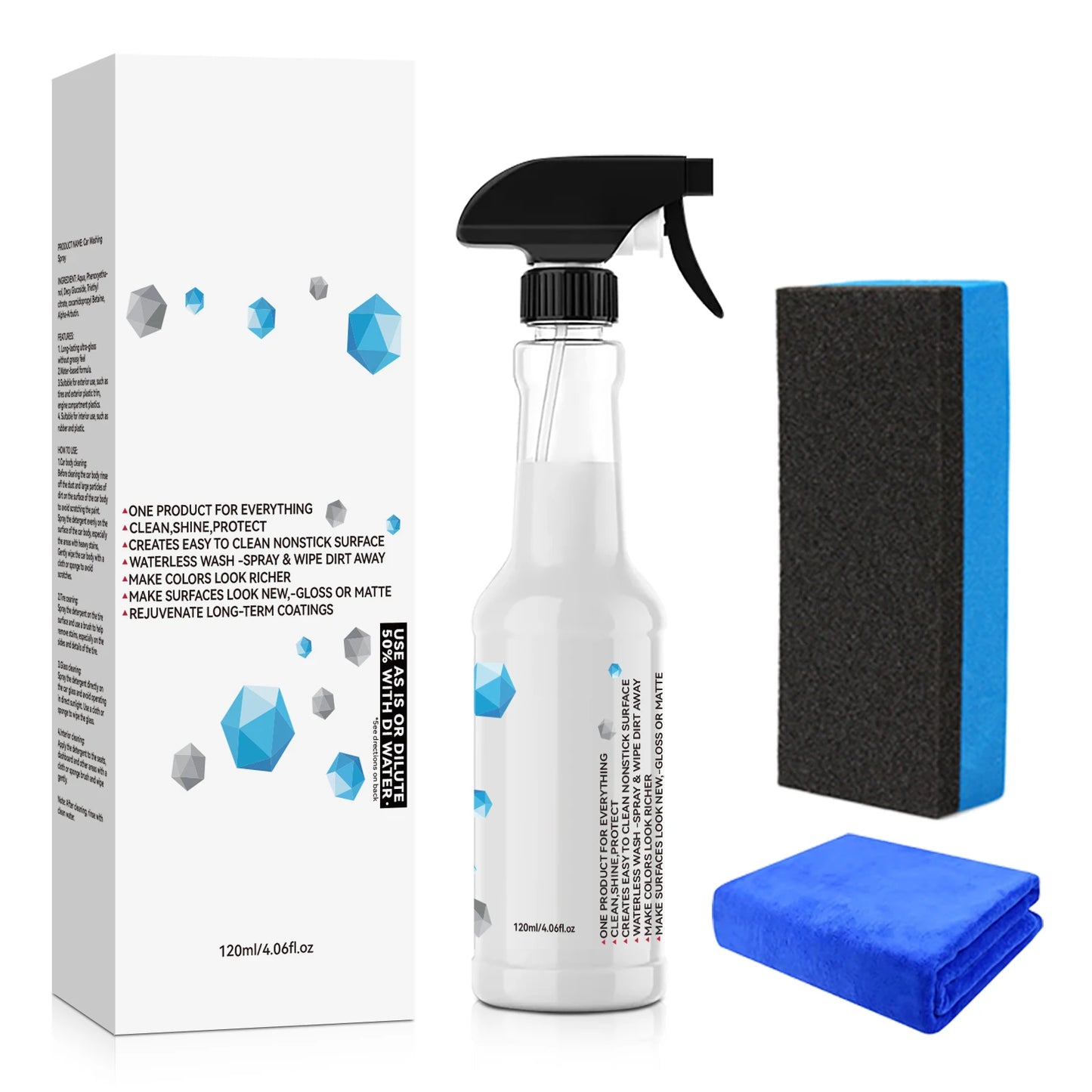 Waterless All-in-One Car Care Spray 120ml - Cleans & Protects Body, Tires, Glass & Interior with Shine & Non-Stick Finish.