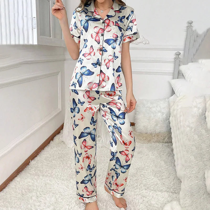 Women's Pajamas Sets Autumn Short Sleeve Buttons Top & Pants Sleepwear 2 Piece Button-Down Pj Set Homewear Satin Loungewear