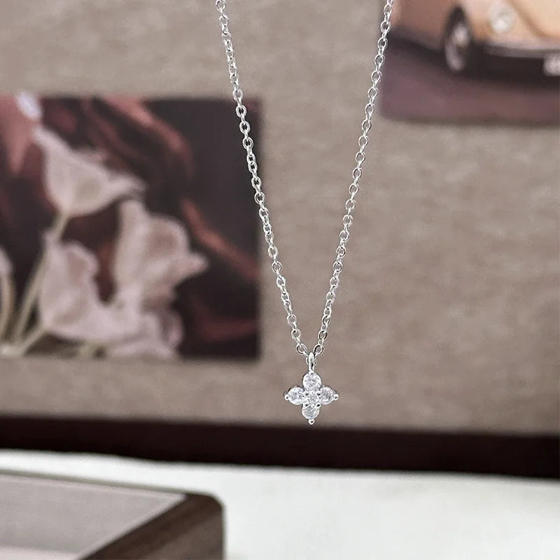 Dainty Lucky Leaf Necklace for Women 925 Sterling Silver Trendy 14K Gold Plating Cute White CZ Flowers Pendant Choker Necklaces