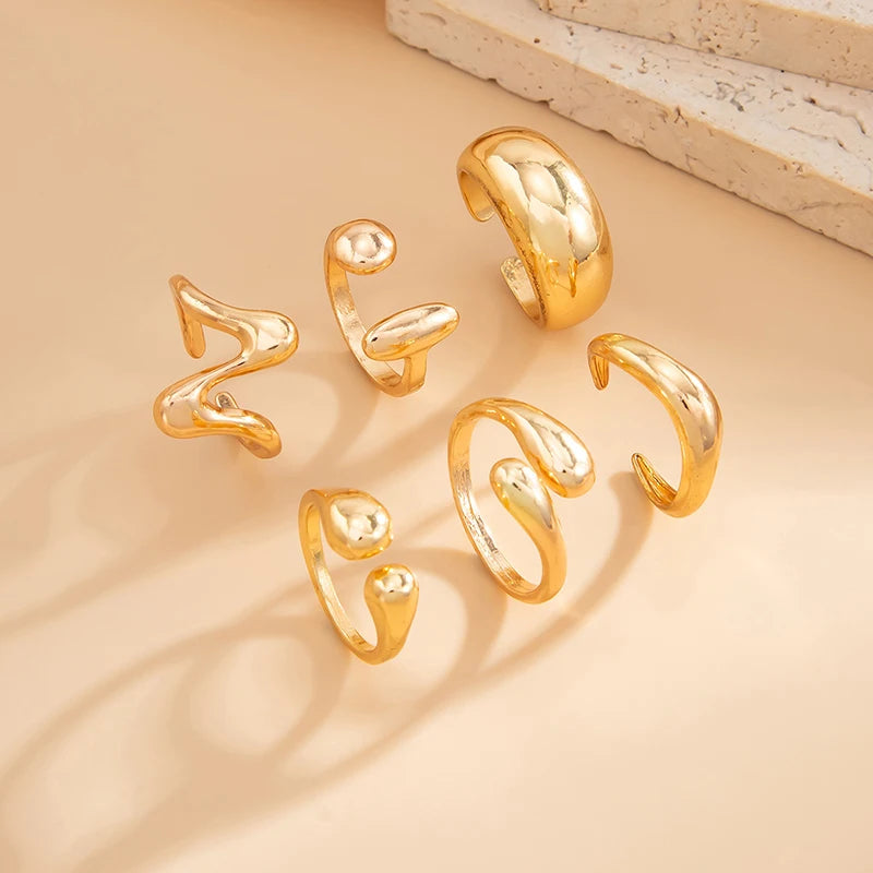 Fashion 6Pcs/Set Smooth Metal Opened Rings for Women Punk Personality Irregular Gold Silver Color Finger Rings Female Jewelry