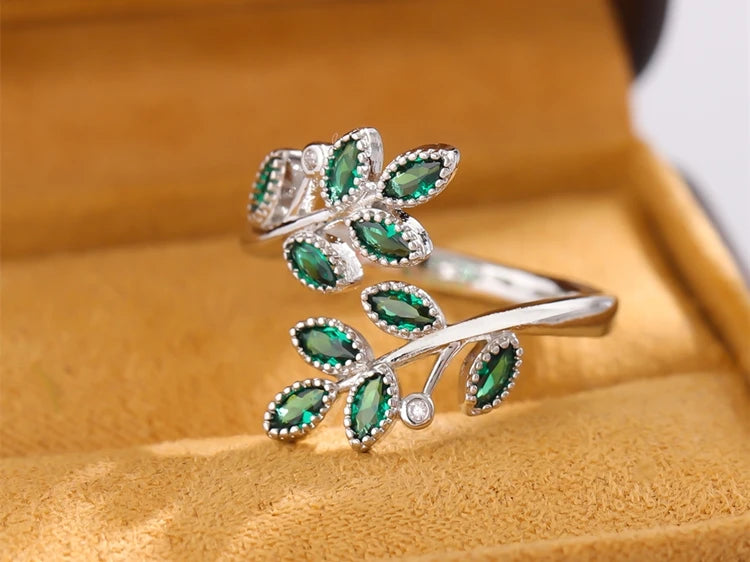 New Fashion Green Crystal Leaves 925 Sterling Silver Personality Temperament Creative Exquisite Opening Rings R376