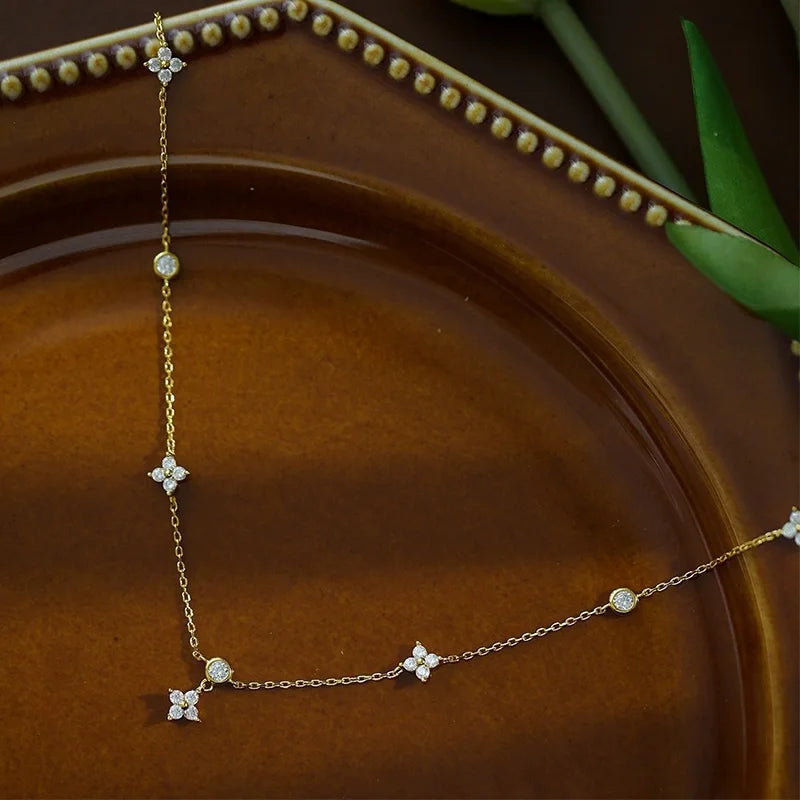 Dainty Lucky Leaf Necklace for Women 925 Sterling Silver Trendy 14K Gold Plating Cute White CZ Flowers Pendant Choker Necklaces