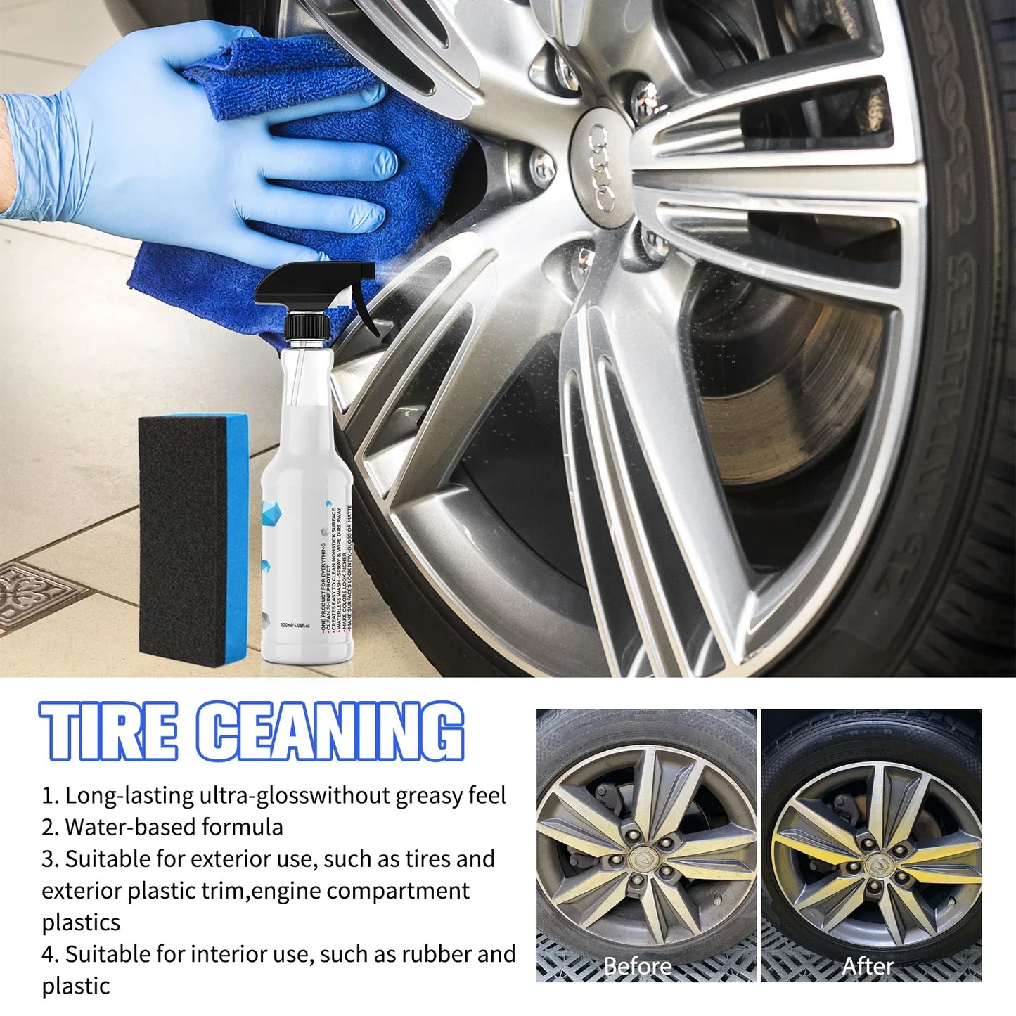 Waterless All-in-One Car Care Spray 120ml - Cleans & Protects Body, Tires, Glass & Interior with Shine & Non-Stick Finish.