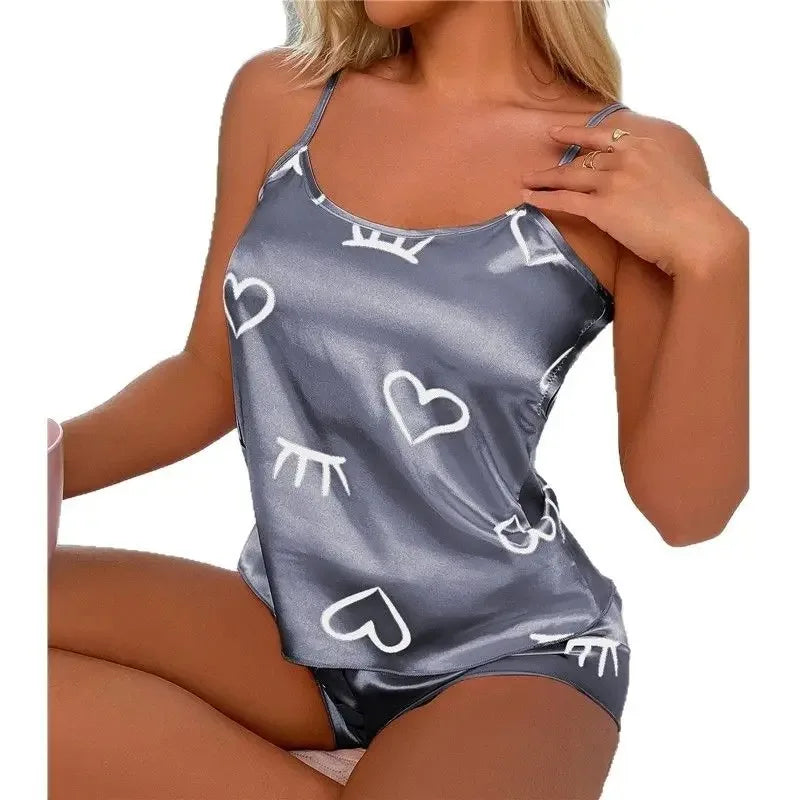 New Women's Pajama Set Short Sleeveless Loungewear Heart Printing Comfort Home Wear Sleepwear Cotton Casual  Sexy Sleepwear