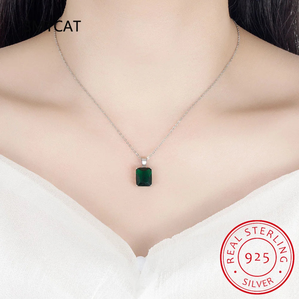 Emerald Cut Sky Blue Topaz Created Sapphire 925 Sterling Silver Pendant Necklace for Woman Rectangle Gemstone Jewelry Colar