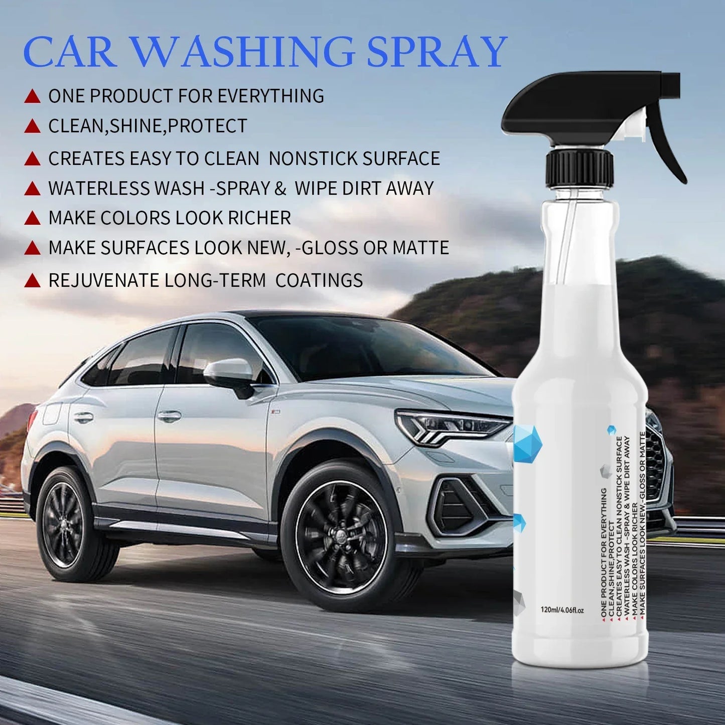 Waterless All-in-One Car Care Spray 120ml - Cleans & Protects Body, Tires, Glass & Interior with Shine & Non-Stick Finish.