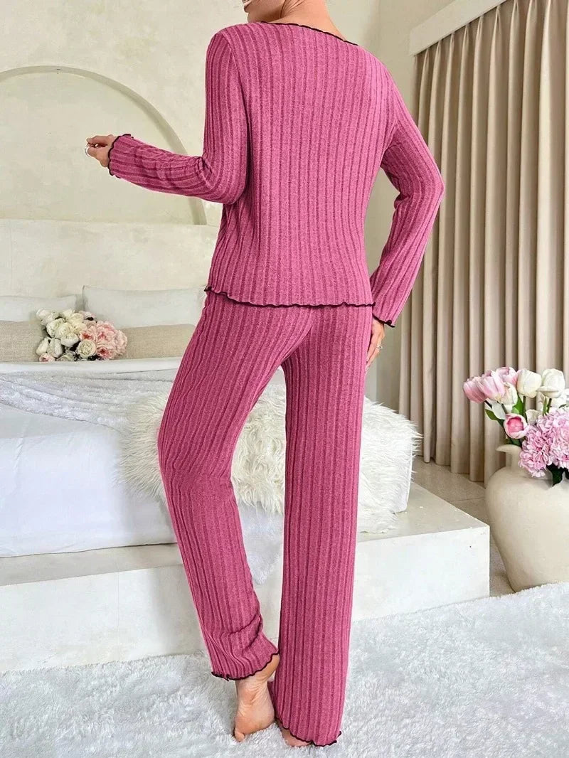 Flannel Warm Sleepwear Women Casual Pajamas Set Long Sleeve T-shirt Top and Trousers Set Homewear Autumn Winter Loungewear