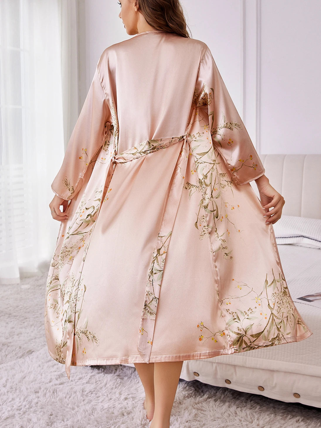 Women's Elegant Silk Robe Floral Print Loose Fit Long Sleeve Breathable Loungewear All-Season