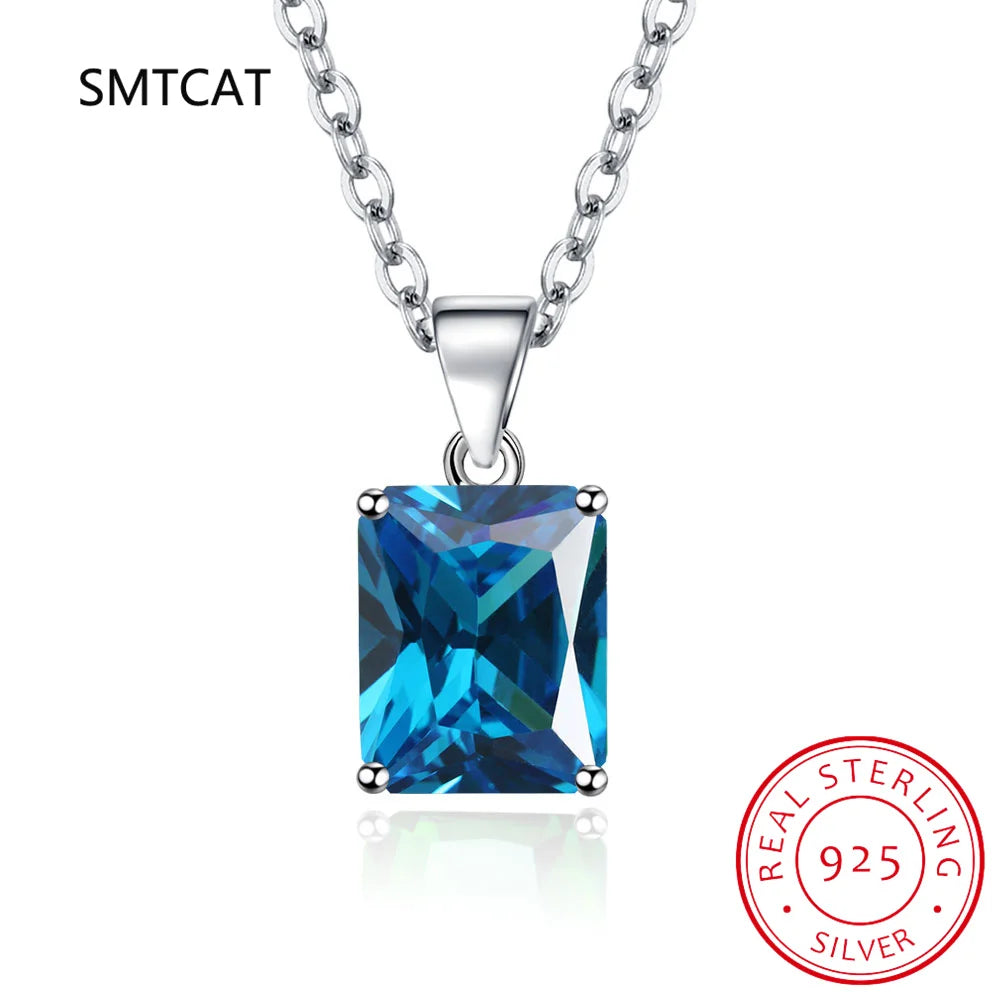 Emerald Cut Sky Blue Topaz Created Sapphire 925 Sterling Silver Pendant Necklace for Woman Rectangle Gemstone Jewelry Colar