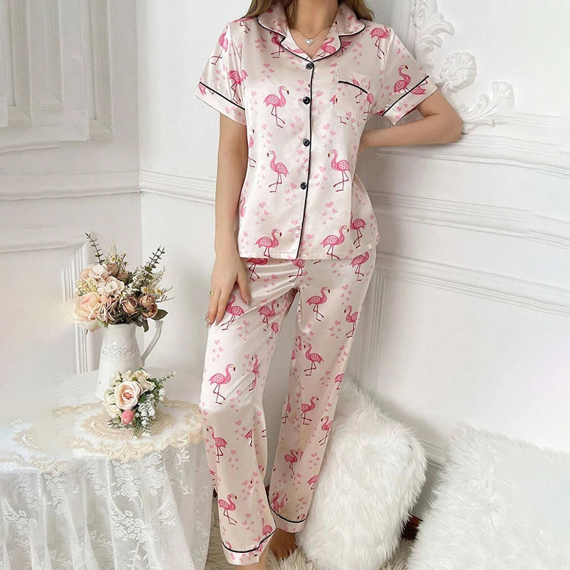 Women's Pajamas Sets Autumn Short Sleeve Buttons Top & Pants Sleepwear 2 Piece Button-Down Pj Set Homewear Satin Loungewear