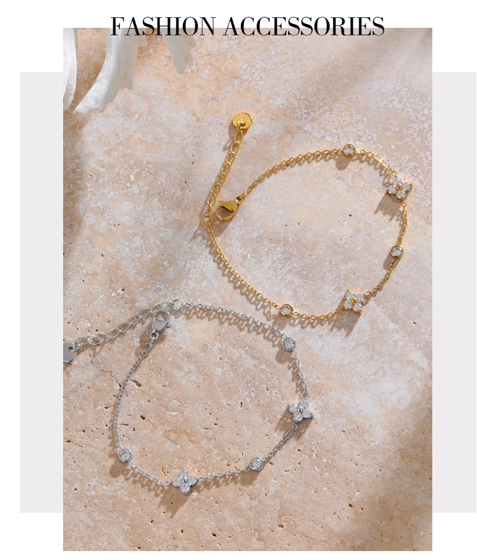 Yhpup Delicate Cubic Zirconia Flower Chain Thin Bracelet Bangle Stainless Steel Rust Proof Office Ladies Chic Jewelry New Gift