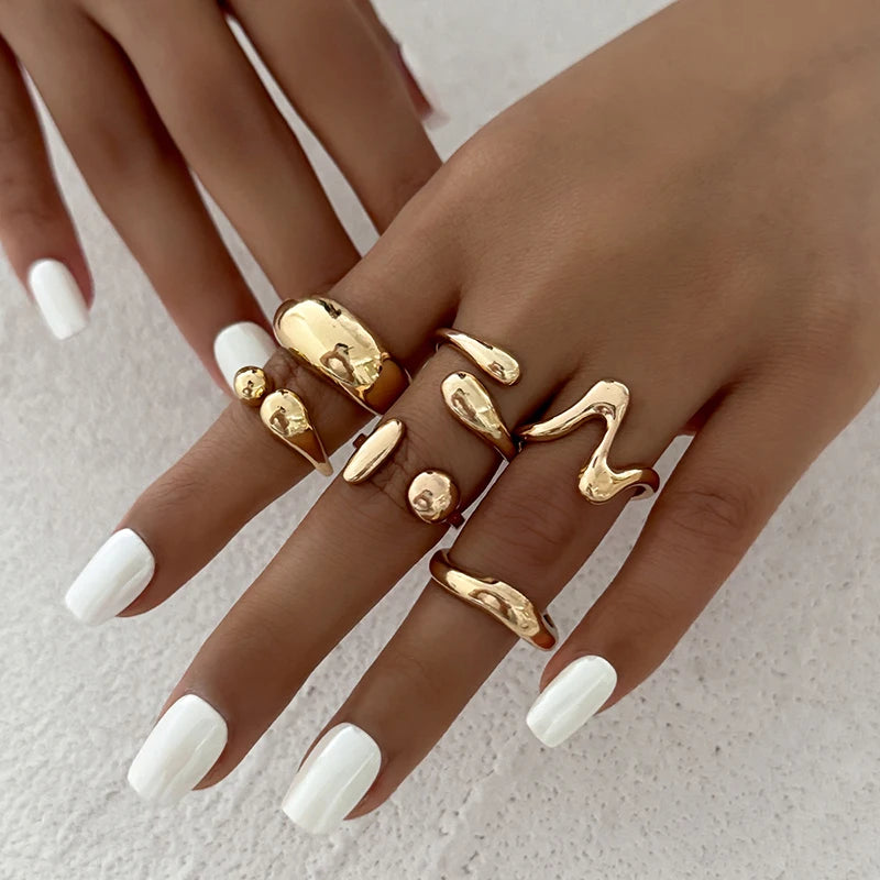 Fashion 6Pcs/Set Smooth Metal Opened Rings for Women Punk Personality Irregular Gold Silver Color Finger Rings Female Jewelry