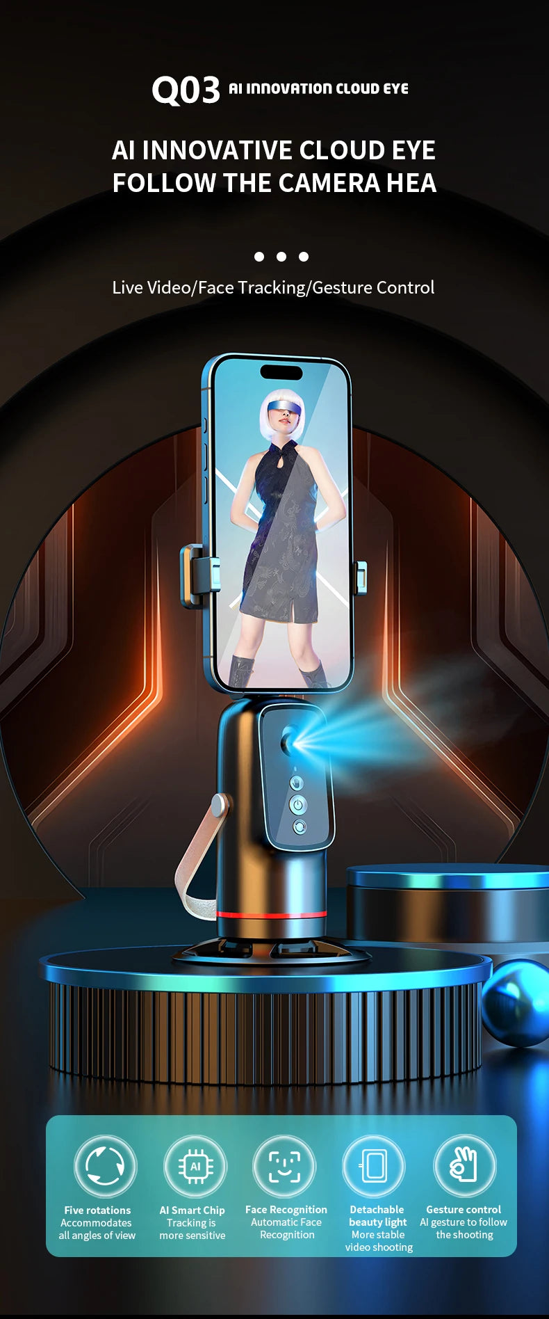 Face Tracking Tripod 360 Degree Rotation Auto Stand Tripod That Follows Your Movement for Live Streaming Selfie Video Recording
