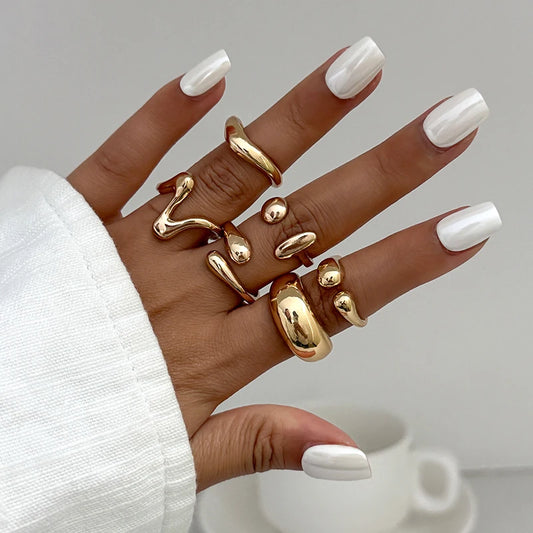 Fashion 6Pcs/Set Smooth Metal Opened Rings for Women Punk Personality Irregular Gold Silver Color Finger Rings Female Jewelry