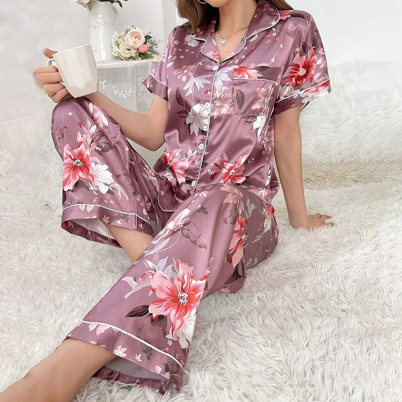 Women's Pajamas Sets Autumn Short Sleeve Buttons Top & Pants Sleepwear 2 Piece Button-Down Pj Set Homewear Satin Loungewear
