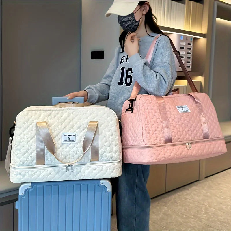 Luxury Duffel Bag, Large Capacity Handbag Shoulder & Crossbody Tote Bag With Dry Wet Separation Dual Side Pockets For Travel Gym