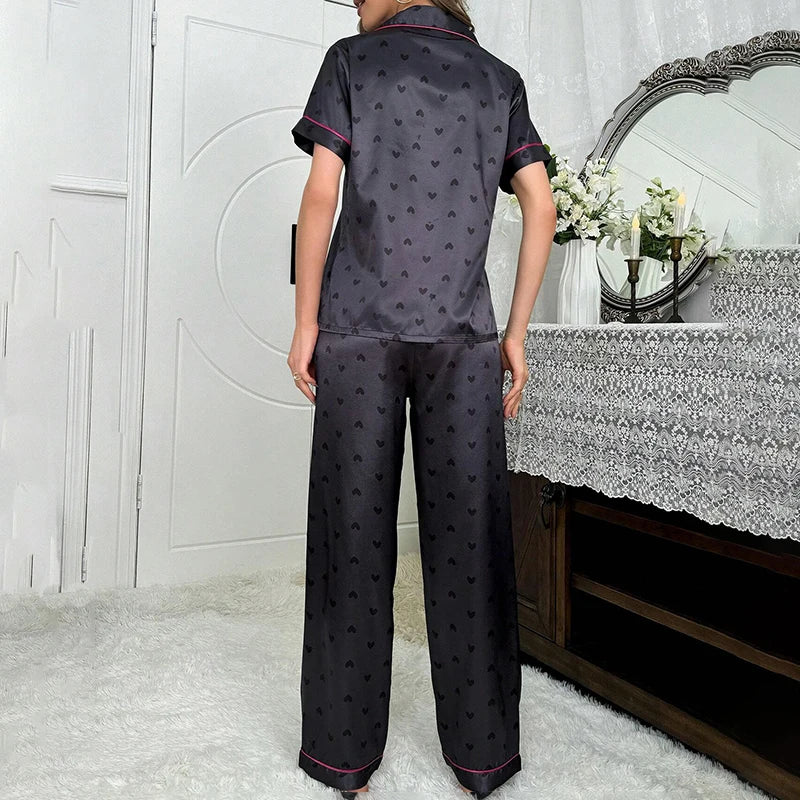 Women's Pajamas Sets Autumn Short Sleeve Buttons Top & Pants Sleepwear 2 Piece Button-Down Pj Set Homewear Satin Loungewear