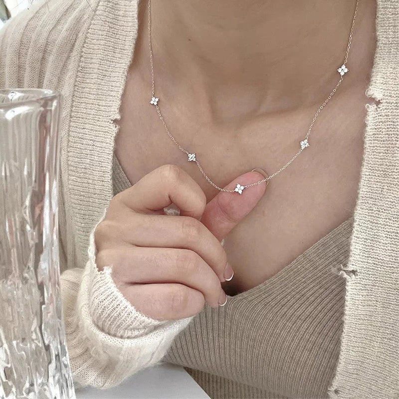 Dainty Lucky Leaf Necklace for Women 925 Sterling Silver Trendy 14K Gold Plating Cute White CZ Flowers Pendant Choker Necklaces