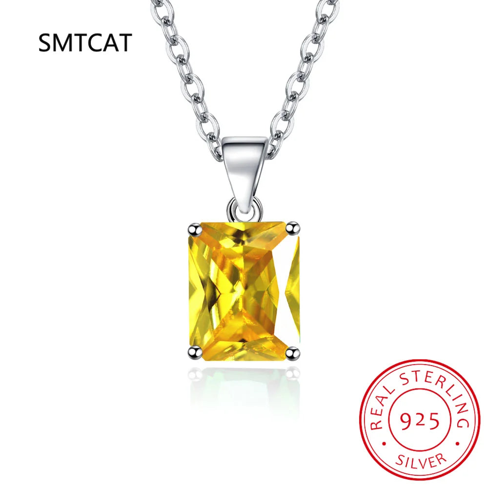 Emerald Cut Sky Blue Topaz Created Sapphire 925 Sterling Silver Pendant Necklace for Woman Rectangle Gemstone Jewelry Colar
