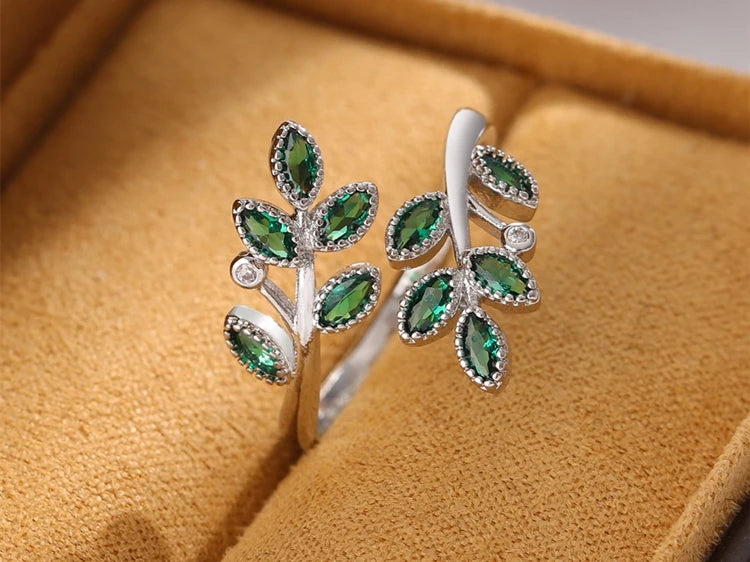New Fashion Green Crystal Leaves 925 Sterling Silver Personality Temperament Creative Exquisite Opening Rings R376