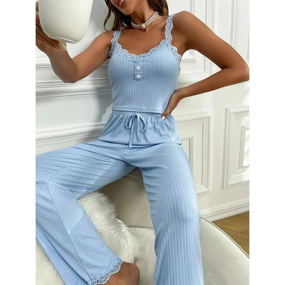 Autumn and winter new sleepwear set for European and American women fashionable and simple casual home wear sexy lace suspender