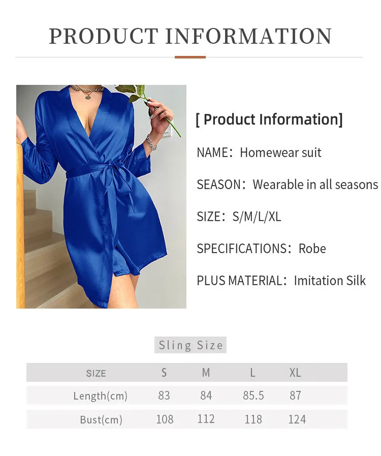Solid Satin Night Robe Long Sleeve V Neck Robe With Belt Women's Sleepwear