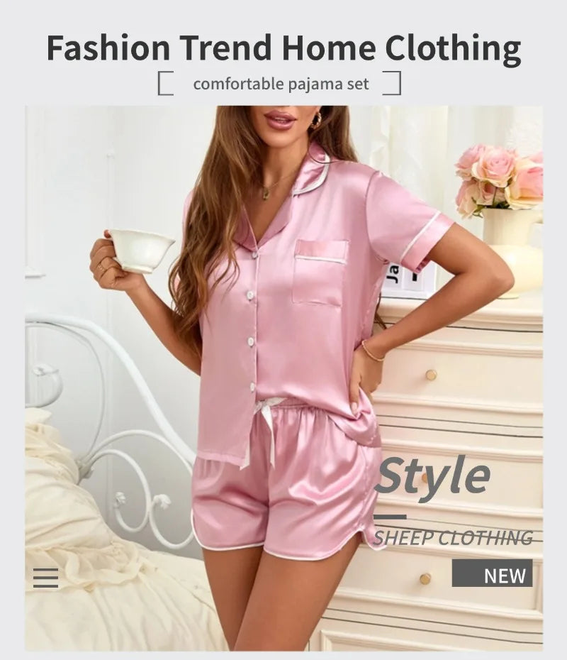 Women Silk Satin Pajamas Set Two-piece Pj Sets Sleepwear Loungewear Button-Down Pajama Women 2 Piece Pijama Homewear Shorts Set