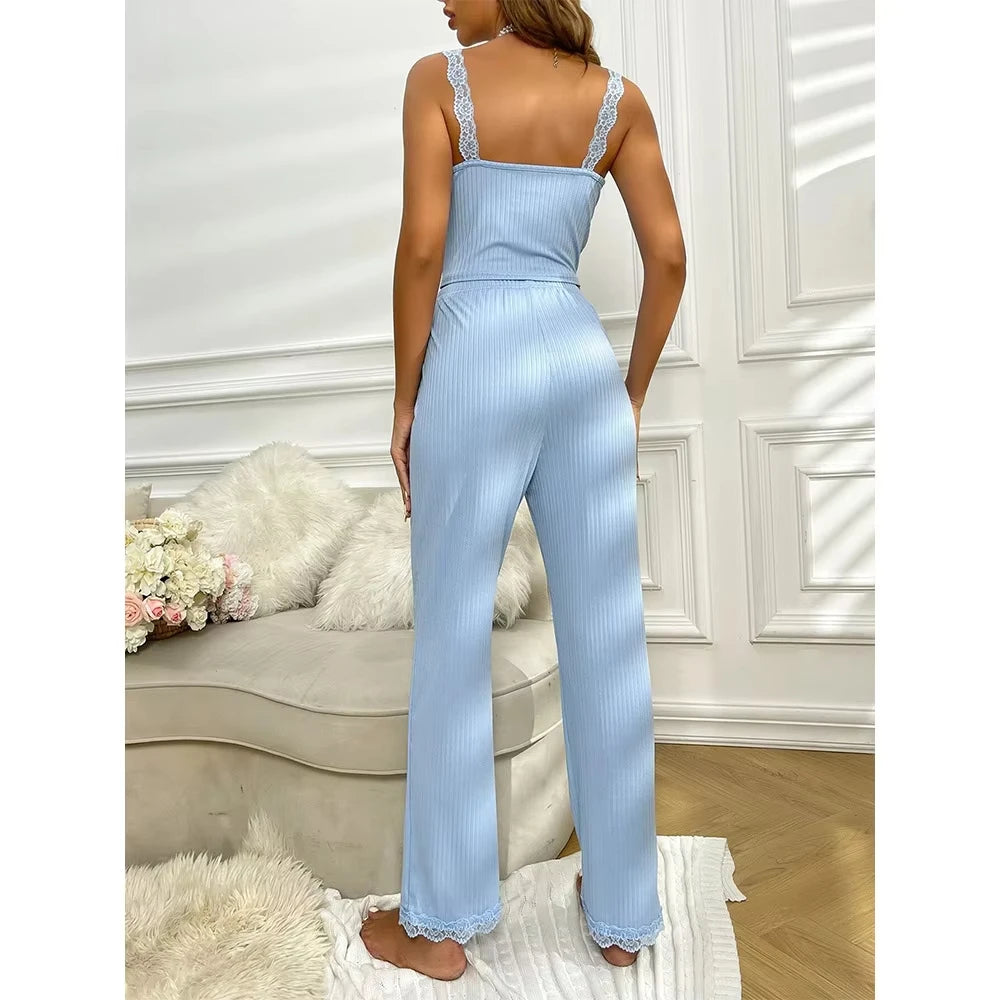 Autumn and winter new sleepwear set for European and American women fashionable and simple casual home wear sexy lace suspender