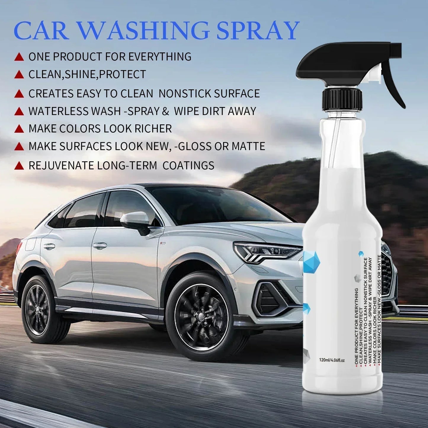 Waterless All-in-One Car Care Spray 120ml - Cleans & Protects Body, Tires, Glass & Interior with Shine & Non-Stick Finish.