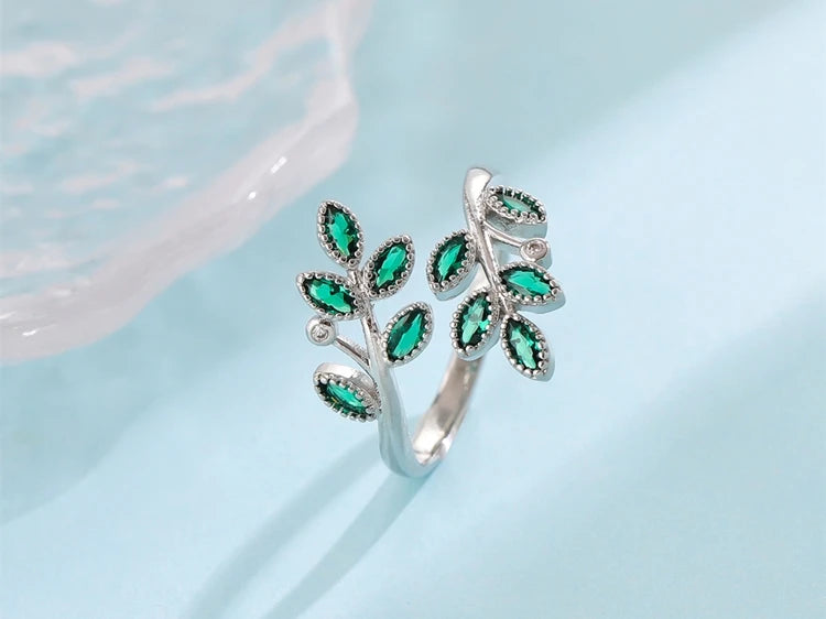 New Fashion Green Crystal Leaves 925 Sterling Silver Personality Temperament Creative Exquisite Opening Rings R376