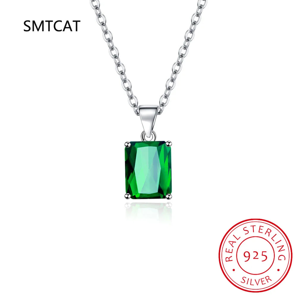 Emerald Cut Sky Blue Topaz Created Sapphire 925 Sterling Silver Pendant Necklace for Woman Rectangle Gemstone Jewelry Colar