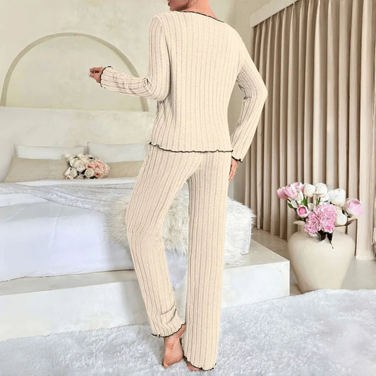 Flannel Warm Sleepwear Women Casual Pajamas Set Long Sleeve T-shirt Top and Trousers Set Homewear Autumn Winter Loungewear